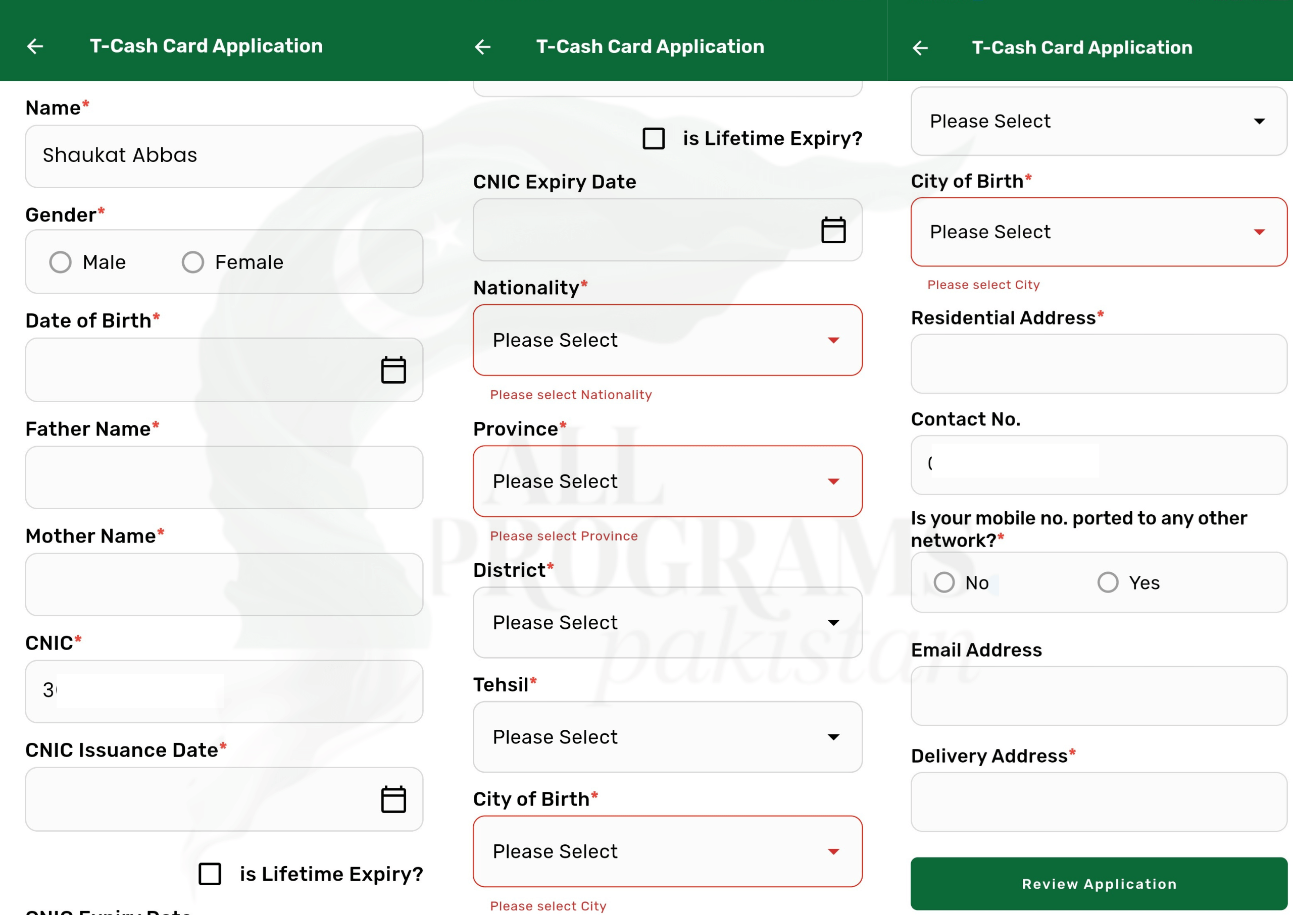 T-Cash Card Application Form (Inside the ETransit Punjab App)