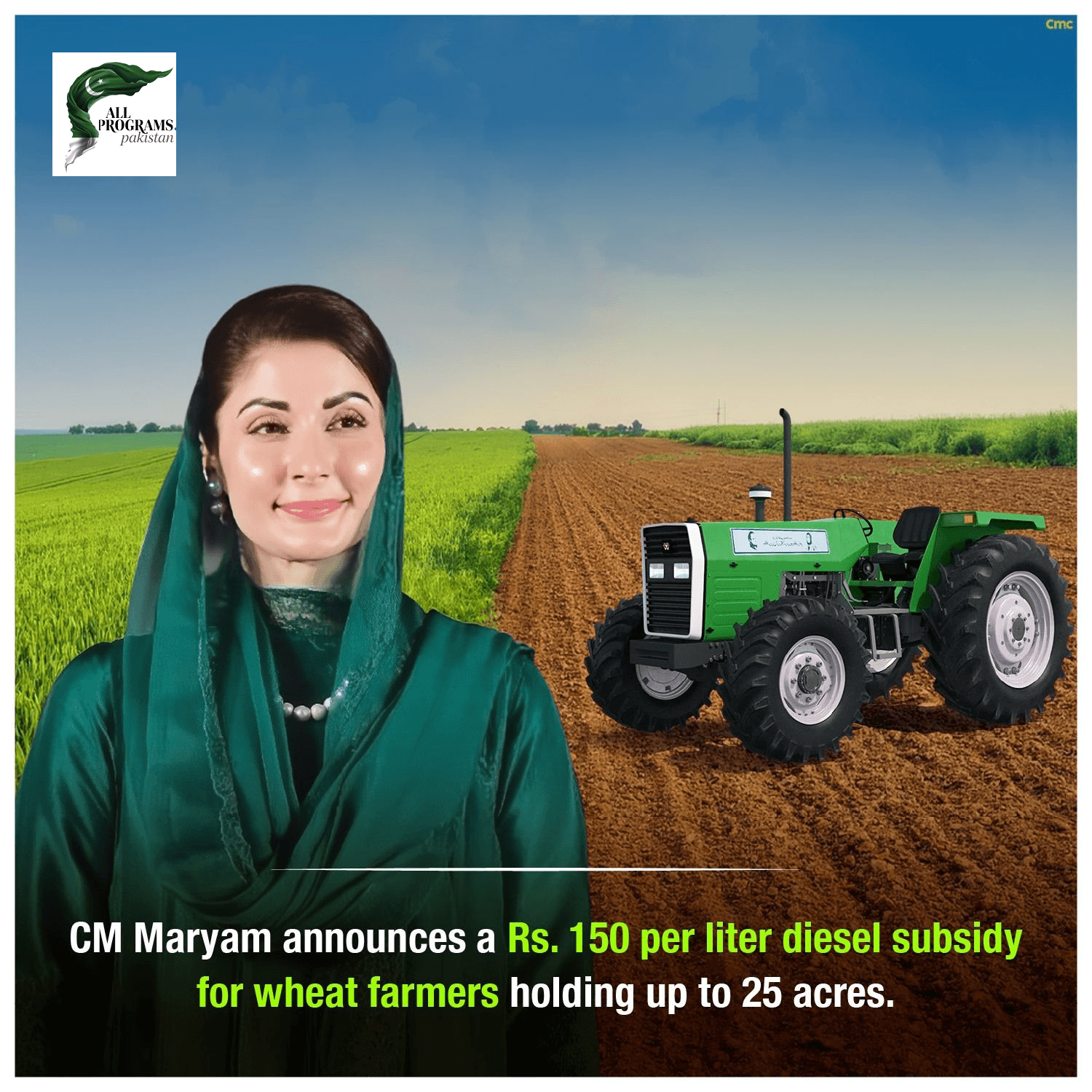 CM Maryam announces a Rs. 150 per liter diesel subsidy for wheat farmers holding up to 25 acres.
