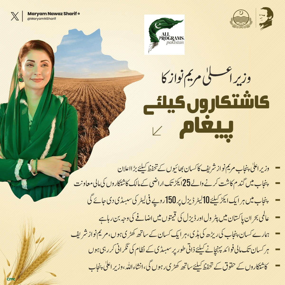 Chief Minister Maryam Nawaz Sharif’s Message for Farmers