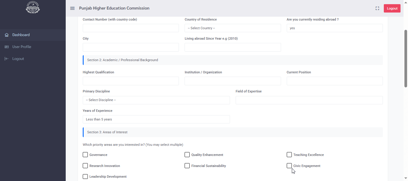 linkages.punjabhec.gov.pk Application Form Interface