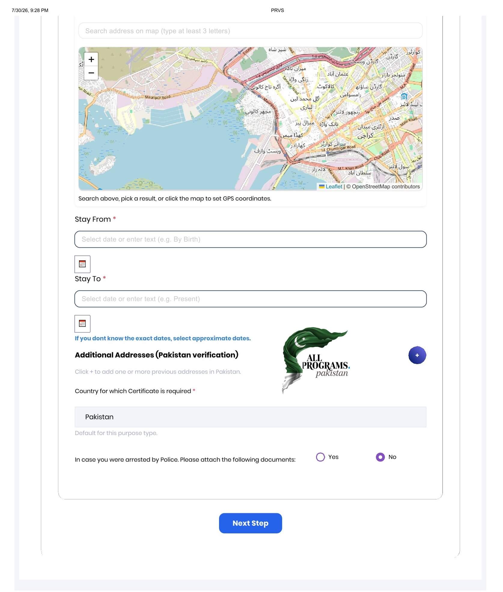 Enter Your Adddress Information at PRVS SINDH Portal