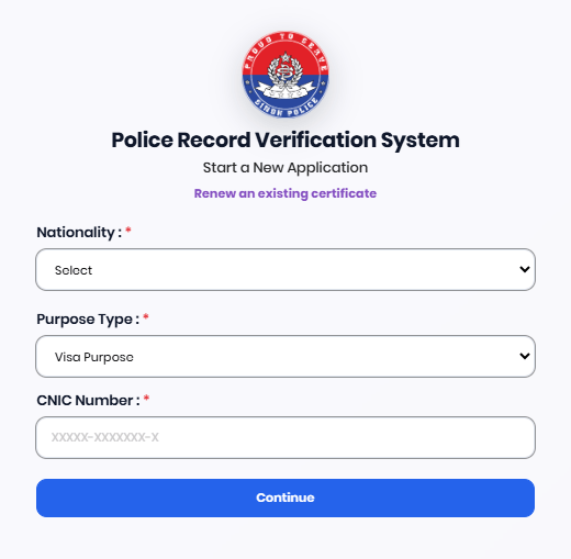 Submit New Application at Police Record Verification System Sindh Website