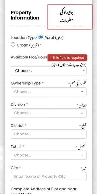Fill In Your Property (Plot) Information for Apni Chhat, Mehfooz Chhat 